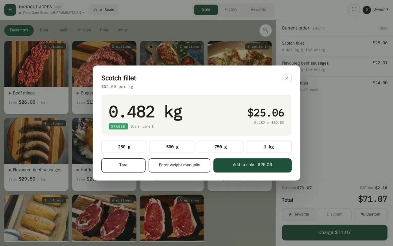 The same register with a weighing dialog over it: 0.482 kg read from the scale, marked stable, priced at $25.06 by the kilo, ready to add to the sale.