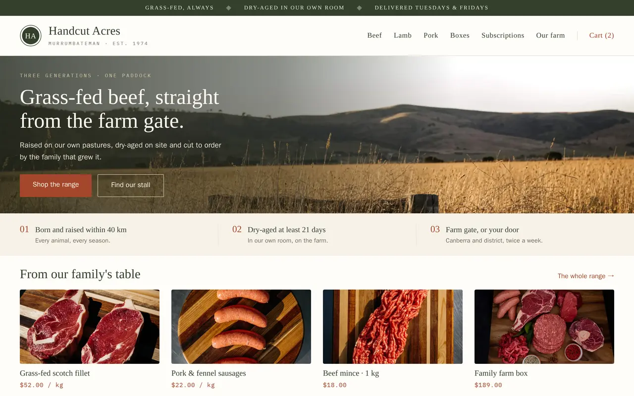 A family farm's own online shop: a serif wordmark and an established date over a paddock at sunset, three promises in a cream band, then a row of product cards priced by the kilo.